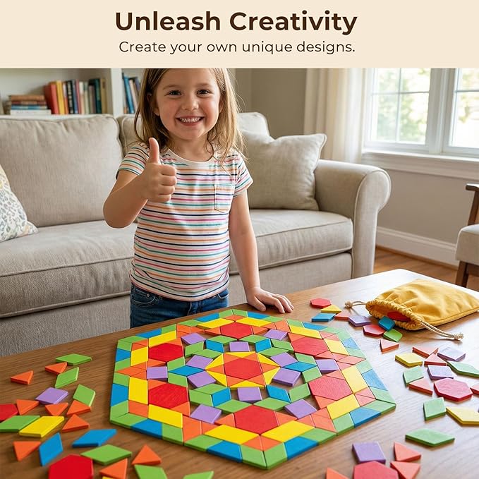 LovesTown 209 PCS Shapes Wooden Pattern Blocks for Kids, Geometric with Activity Cards and Storage Bag, Educational Tangram Puzzles,Great Learning Gift from Parents or Teachers