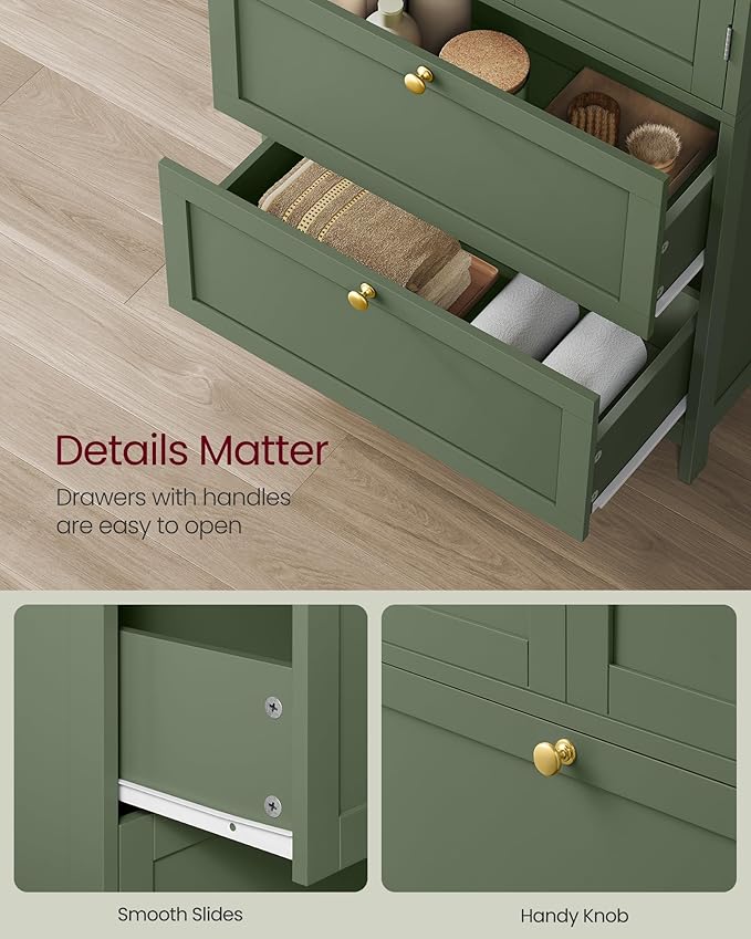 VASAGLE Bathroom Floor Storage Cabinet, Bathroom Storage Unit, Freestanding Cabinet with 2 Drawers and 2 Doors, Adjustable Shelf, 11.8 x 23.6 x 43.3 Inches, Forest Green UBBC551C01