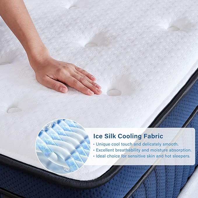 Suiforlun 14 Inch Cal King Mattress with Ice Silk Cover, Euro Top Hybrid Gel Memory Foam with 7-Zone Pocketed Coils, Medium Firm California King Size Mattress for Pressure Relief