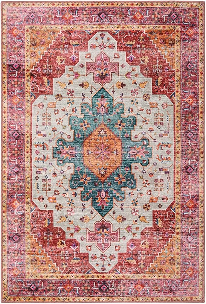 Moynesa Ultra-Thin Washable Pink Area Rug - 2x3 Small Pink Washable Bedroom Rug Entry Mat, Vintage Non-Slip Non-Shedding Low Pile Indoor Throw Carpet for Laundry Living Room Hardwood Floors Kitchen