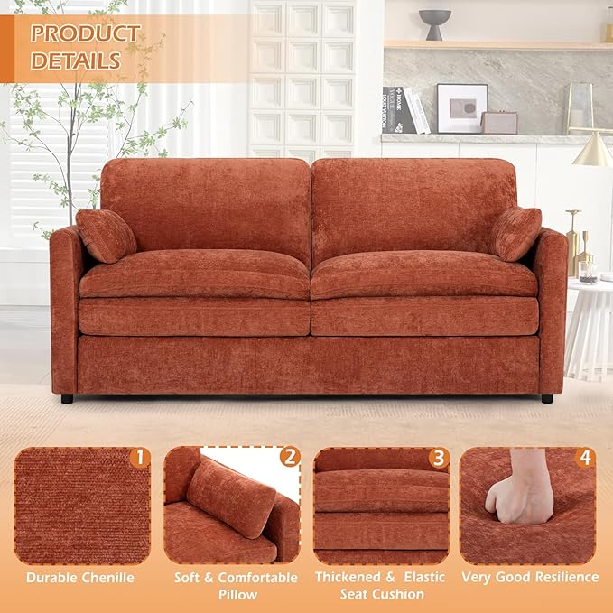 3 Pieces Chenille Sofa Set w/Arm Pillows, Upholstered 2 Pieces Loveseat & 3 Seater Sofa w/Comfortable Back Cushions, Modern 2-Seat & 3-Seat w/High-Density Foam for Living Room, Orange