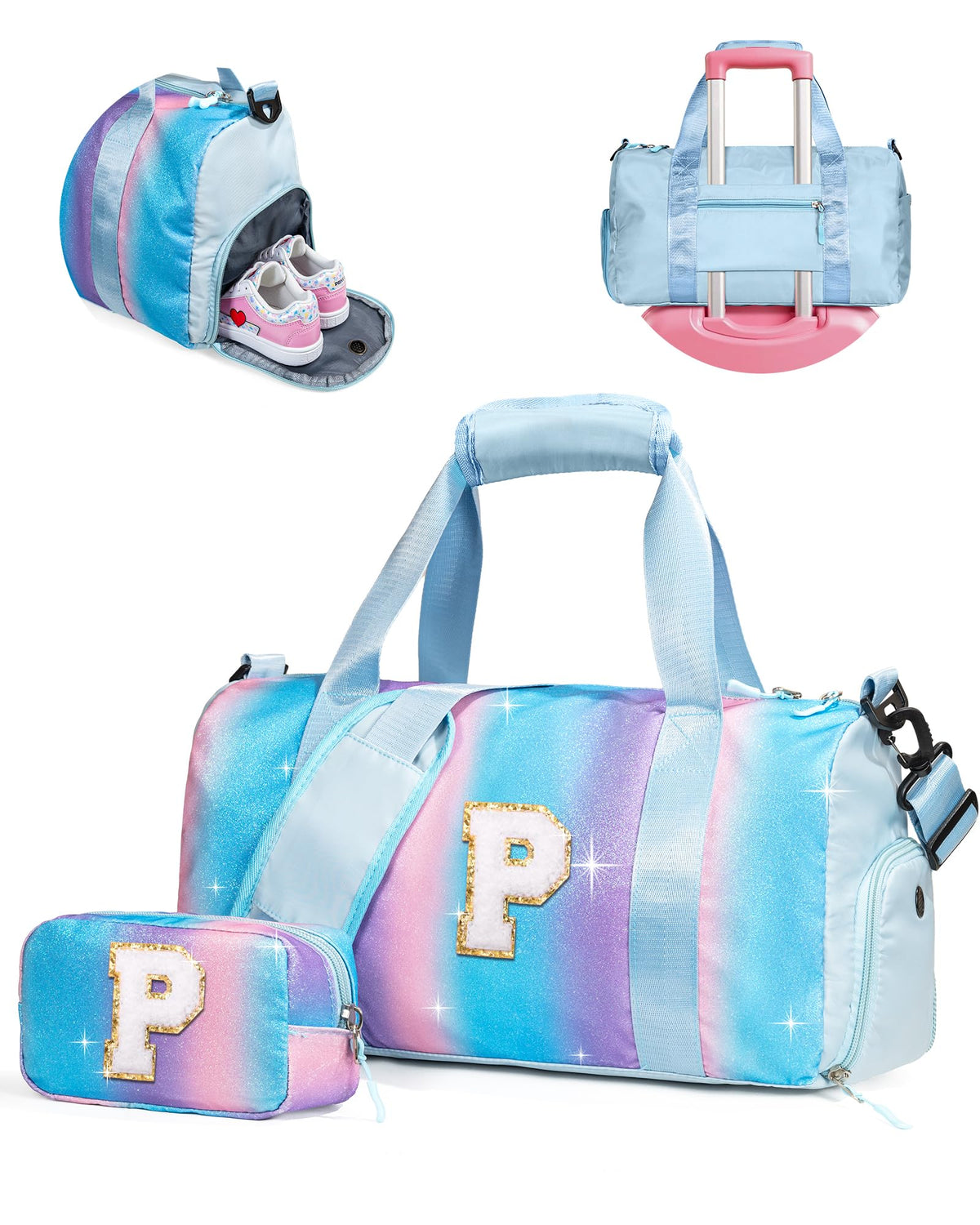 Vogewood Girls Day Gifts for Kids-Girl Gym Bag with Shoe Compartment, Kid Personalized Weekender Overnight Bags, Initial Travel Tote with Makeup Pouch, Valentines Day Gift (Letter P)