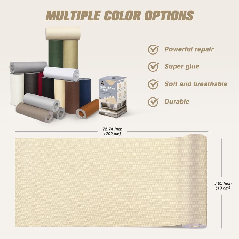 OAZ 4 x 79 inch Canvas Repair Patches Fabric Patch Self-Adhesive Canvas Repair Tape Waterproof Outdoor Gear Patch Kit for Boat Cover Awning Sofa Chair Couch Tent Bag (Ivory Gray)