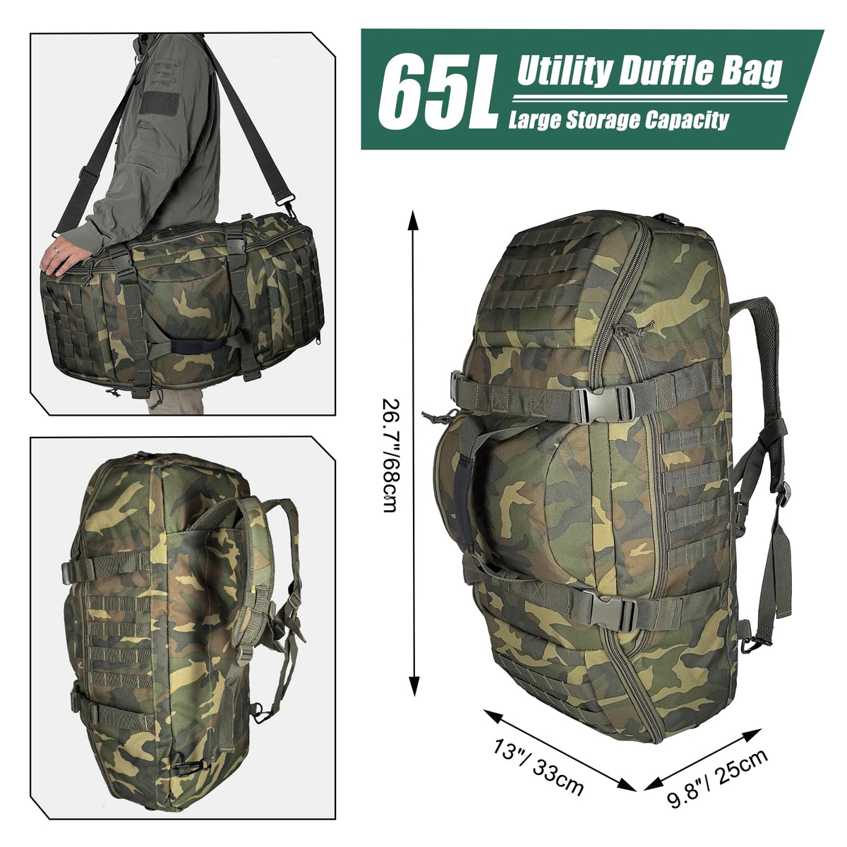 Hannibal Tactical 65L Large Duffle Bag, 3-in-1 Tactical Backpack MOLLE Pack for Sports, Gym, Outdoor, Woodland