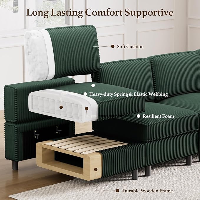 114.2" Modular Sectional Sofa with Deep Storage Seat,U Shaped Sectional Sofa Couch Convertible 6 Seater Corduroy Couch with Movable Ottoman,Upholstered Sectional Couches for Living Room,Green