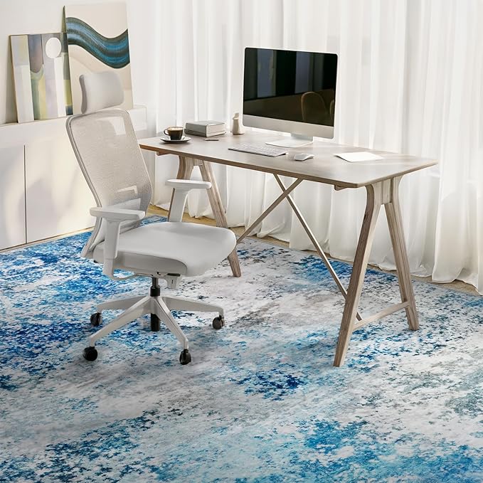8x10 Area Rugs Living Room Rug - Washable Neutral Modern Abstract Large No Slip Soft Thin Rug Indoor Floor Carpet for Bedroom Under Dining Table Home Office Nursery Room - Blue White