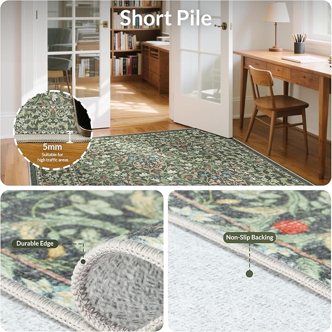 GENIMO Floral Washable Runner Rug 2’6”x7’, Non-Slip Long Hallway Carpet for Entryway, Kitchen, Indoor Floor Use, Vintage Boho Soft Thin Rug Décor, Emerald Green