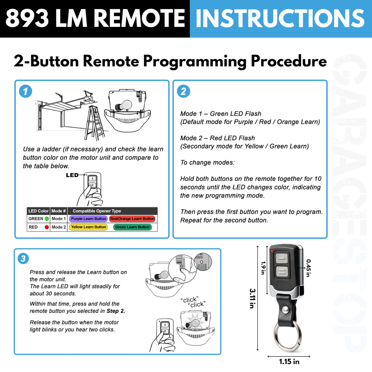1x Mini for LiftMaster Chamberlain Craftsman Universal Garage Door Opener Remote, 893LM 893Max 891LM 371LM 373LM 971LM 973LM, 2-Button Keychain Extra Long-Range
