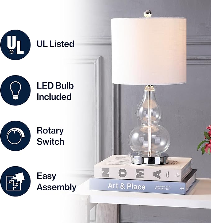 JONATHAN Y 20.5" Clear Glass Table Lamp, Modern Gourd Bedside Nightstand Lamp for Bedroom, Living Room, White Linen Shade, LED Bulb Included (JYL1028E)