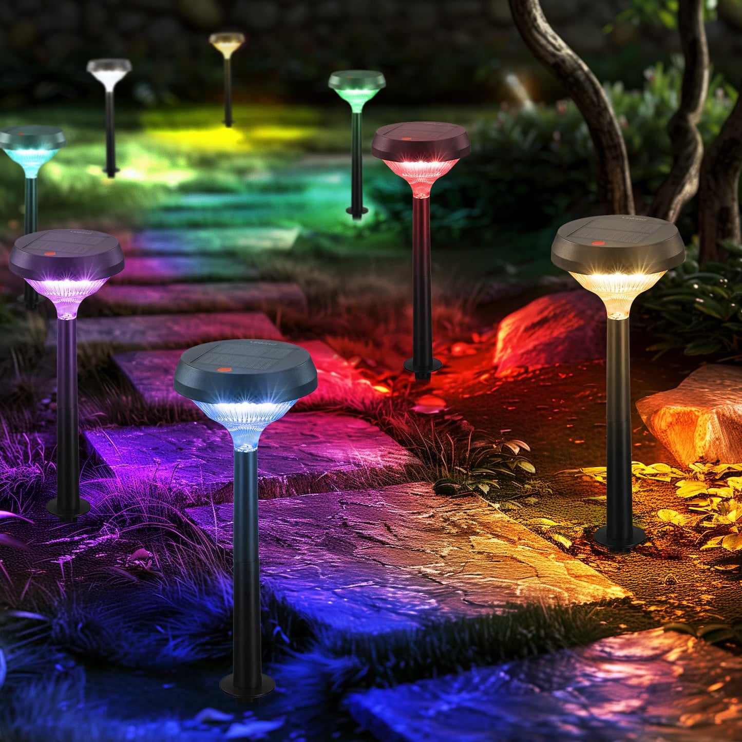 Linkind Solar Pathway Lights 8 Pack, Color Changing Path Lights Outdoor Waterproof, Multicolor+Warm White+Cool White Solar Lights for Walkway Pathway Yard Garden Landscape