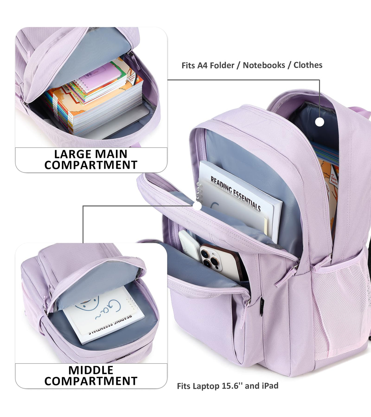 abshoo Girls Solid Color Backpack For College Women Water Resistant School Bag (Lavender Purple)
