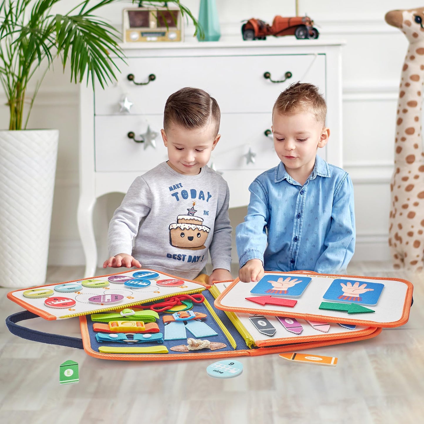 Freebear Busy Board Toddler Travel Sensory Toys for 1 2 3 4, Montessori Learning Activities Board, Educational Toys for 3 4 Year Old Boys Girls Gift, Classic