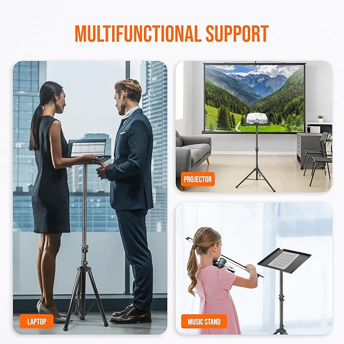 Pyle Projector Stand Tripod, Height Adjustable 28"-46" Portable Laptop and DJ Equipment Stand with Angle Tilt Tray, Heavy Duty Metal Construction, Foldable Design, 20" x 16" Platform