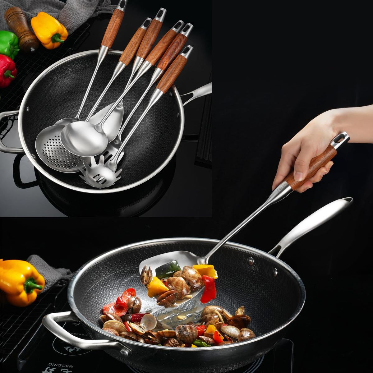 NIITAWH Stainless Steel Kitchen Utensils Set for Cooking Wooden Handle