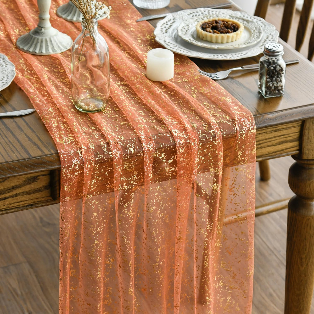 Artoid Mode 3Pcs Beige Gold Gauze Table Runner 120 Inch 10FT, Glitter Metallic Foil Sheer Dining Wedding Anniversary Holiday Birthday Table Decor for Home Party