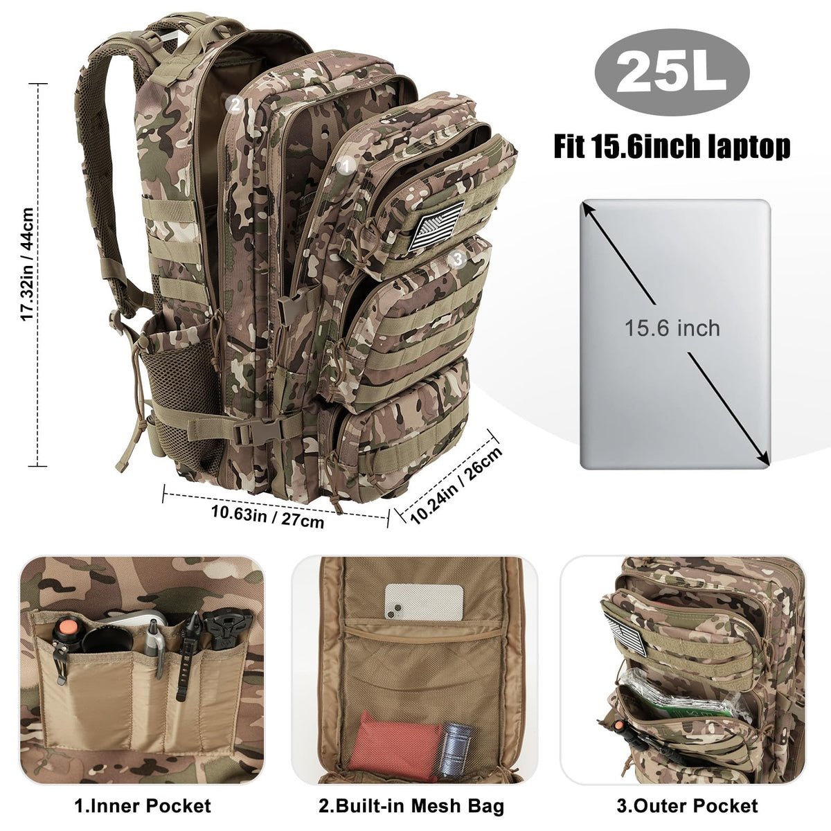 kookoomia Military Tactical Backpack 25L Day Backpack for Men Molle Army 3 Days Assault Pack Bug Out Bag Water Resistant and Heavy Duty Hiking Treeking Rucksack - Camouflage