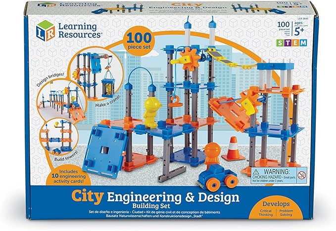 Learning Resources City Engineering and Design Building Set, Engineer STEM Toy, Construction Toys, 100 Pieces, Simple Machines Kids, Ages 5+