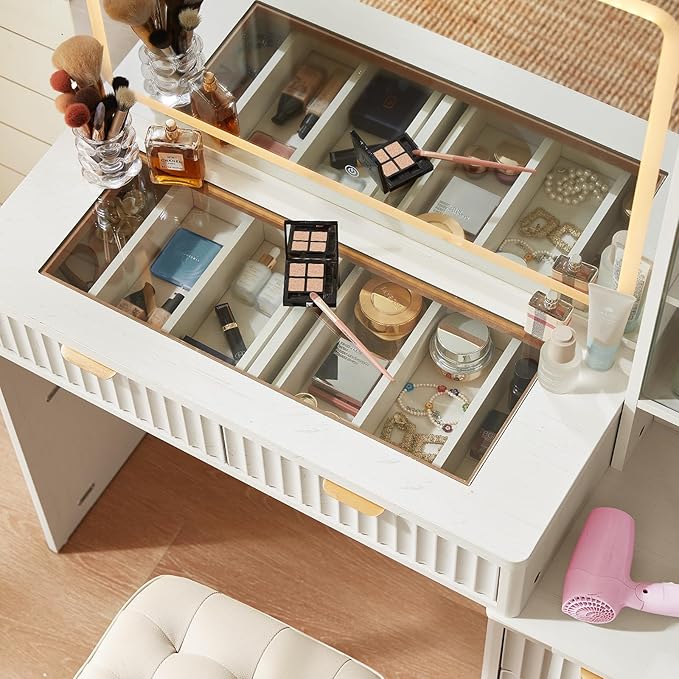 LEYAOYAO White Vanity Desk with Mirror and Lights, 43.5'' Fluted Makeup Vanity with 6 Drawers, Make Up Vanity with Wood Grain, Dressing Table with Glass Top and Power Outlet for Bedroom-Non Pure White