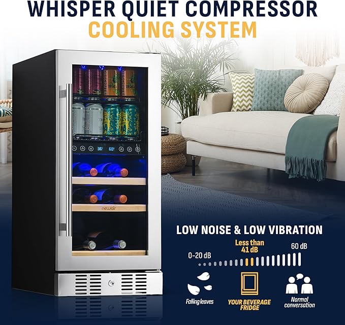 NewAir 15" Dual Zone Beverage Refrigerator & Wine Cooler for 9 Bottles & 48 Cans | Freestanding or Built-In Under Counter Mini Fridge for Beer, Wine and Soda | Stainless Steel