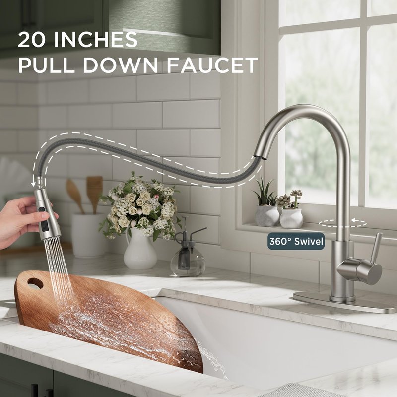 QFN Kitchen Faucet with Pull Down Sprayer Brushed Nickel, High Arc Single Handle Single Level Stainless Steel Pull Out Sink Faucet for Farmouse Camper RV Bar, Fit for 1 or 3 Hole