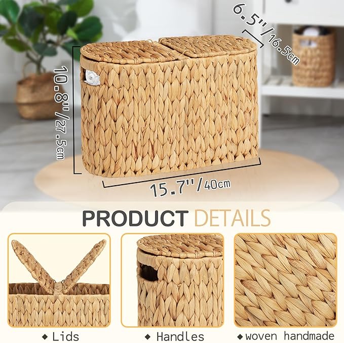 ELONG HOME Toilet Paper Basket with Lid for 6 Rolls, Water Hyacinth Wicker Toilet Paper Storage Holder, Toilet Paper Storage for Bathroom
