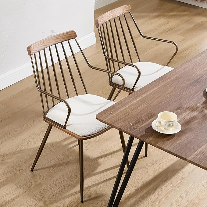 Modern Dining Chairs Set of 4, Upholstered Dining Chairs with Metal Leg, Wood Kitchen Chairs with Fence-Like Back and Curved Arm for Dining Room Kitchen Restaurant Reception (Beige)