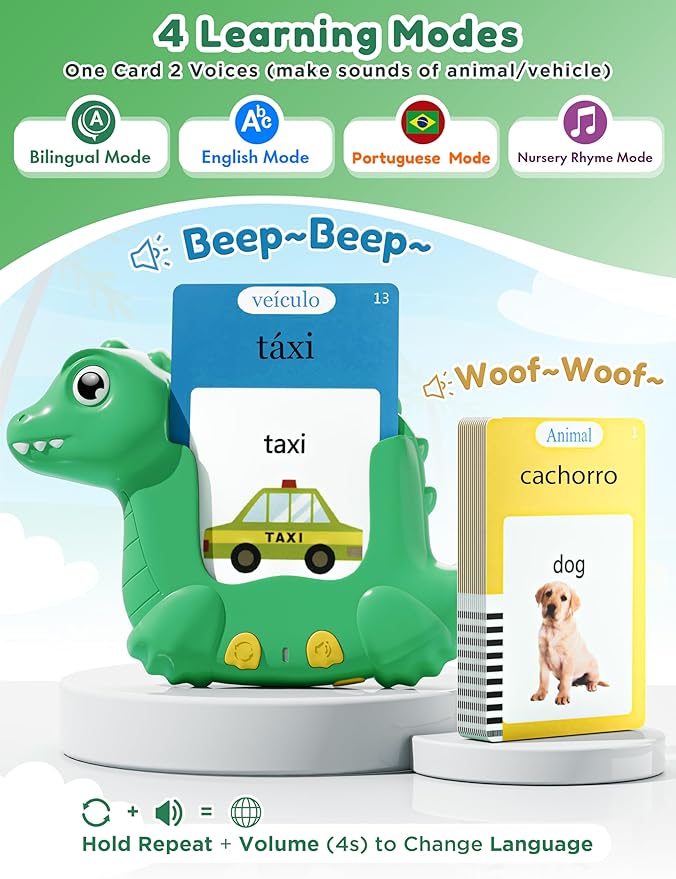 Portuguese and English Talking Flash Cards for Kids, 510 Sight Words Bilingual Learning Toys for Toddlers, Portuguese Alphabet Flashcards Pocket Speech Therapy Toys, Dinosaur Shaped