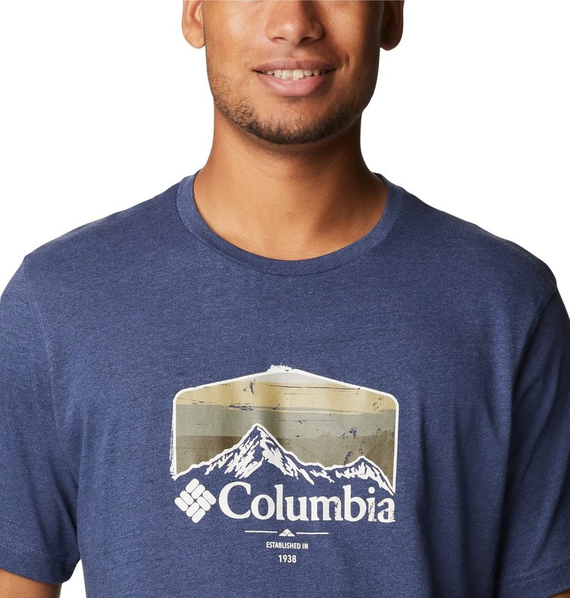Columbia Men's Thistletown Hills Graphic Short Sleeve, Dark Mountain Heather/Hikers Graphic, XX-Large