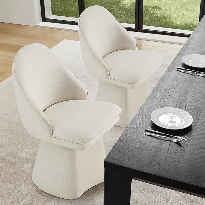 Swivel Dining Chairs Set of 2, Upholstered Mid Century Modern Deskchair with Round Back, Linen Fabric Kitchen Chairs for Dining Room, Bedroom, Dressing Room, Linen