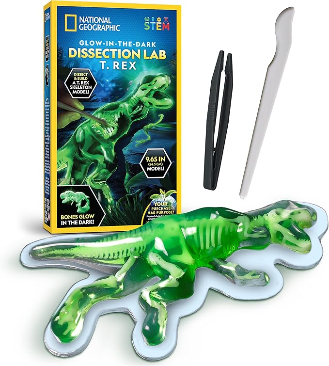 National Geographic Glow-in-The-Dark T. Rex Dissection Lab – Dissect a Synthetic Dinosaur, Build a 9.5” Glowing Tyrannosaurus Skeleton Model, Includes Refill Pack and Learning Guide, Dinosaur Toys