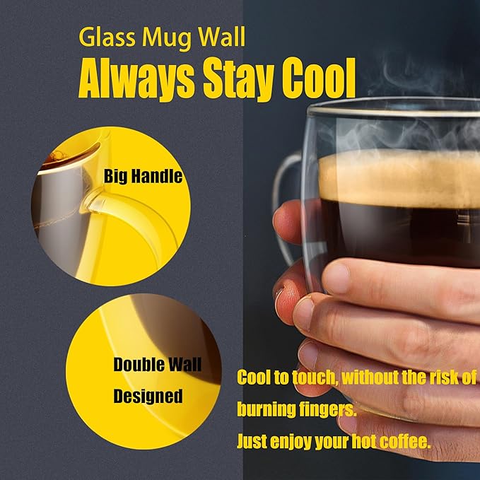 PunPun 12.9OZ. 380ml Clear Coffee Mugs, Glass Cups for Latte, Double Wall Glass with Big Handle, Clear Mugs for Iced Coffee or Hot Beverages, Espresso Cups Each Set of 4