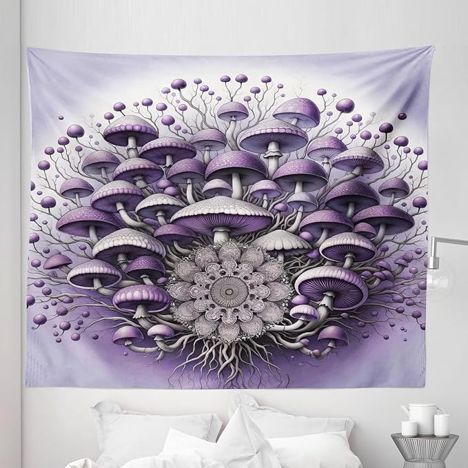 Ambesonne Purple Tapestry King Size, Abstract Psychedelic Mushrooms Branching with a Universe Mandala Pastel Backdrop, Wall Hanging Bedspread Bed Cover Wall Decor, 104" X 88", Lilac Violet
