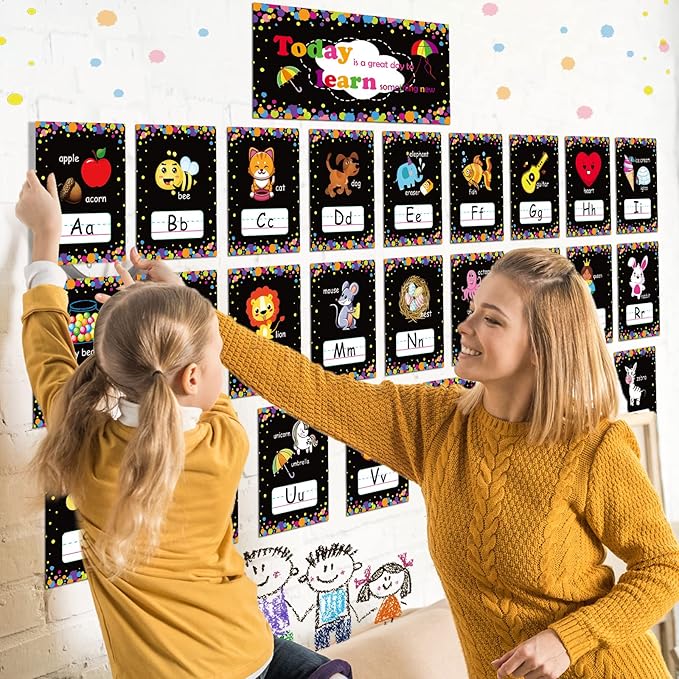 58 Pieces Educational Preschool Cards Kids Early Learning Poster Alphabet Number Colors and Shapes Bulletin Board Decoration Kindergarten Classroom Learning Card with Glue Point Dot (Cool Style)