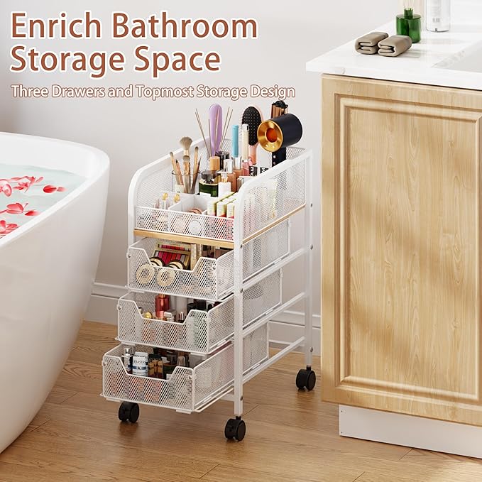 Rolling Makeup Cart Organizer with 3 Drawers, 4-Tier Narrow Floor Skincare Organizers with dividers, Vanity Organizer Cosmetics Display Cases for Makeup Brush, Hair Tool, White