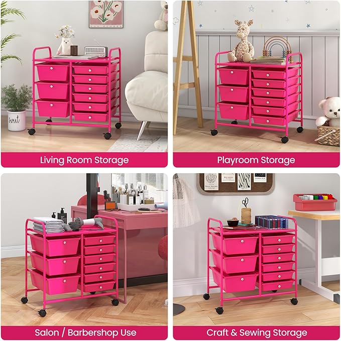 COSTWAY Rolling Storage Cart with 9 Drawer, Mobile Utility Cart with Metal Frame, Art Supply Craft Organizer, Multipurpose Storage Organizer for Paper, Office, School Teacher, Classroom, Hot Pink