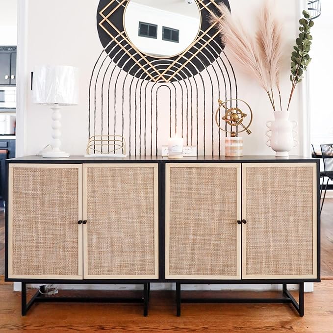 Nathan James Kova Rattan Wood Accent Sideboard Storage Cabinet with Matte Metal Frame, Adjustable Interior Shelves and Cane Doors, for Hallway, Entryway or Living Room, Black Oak/Cane