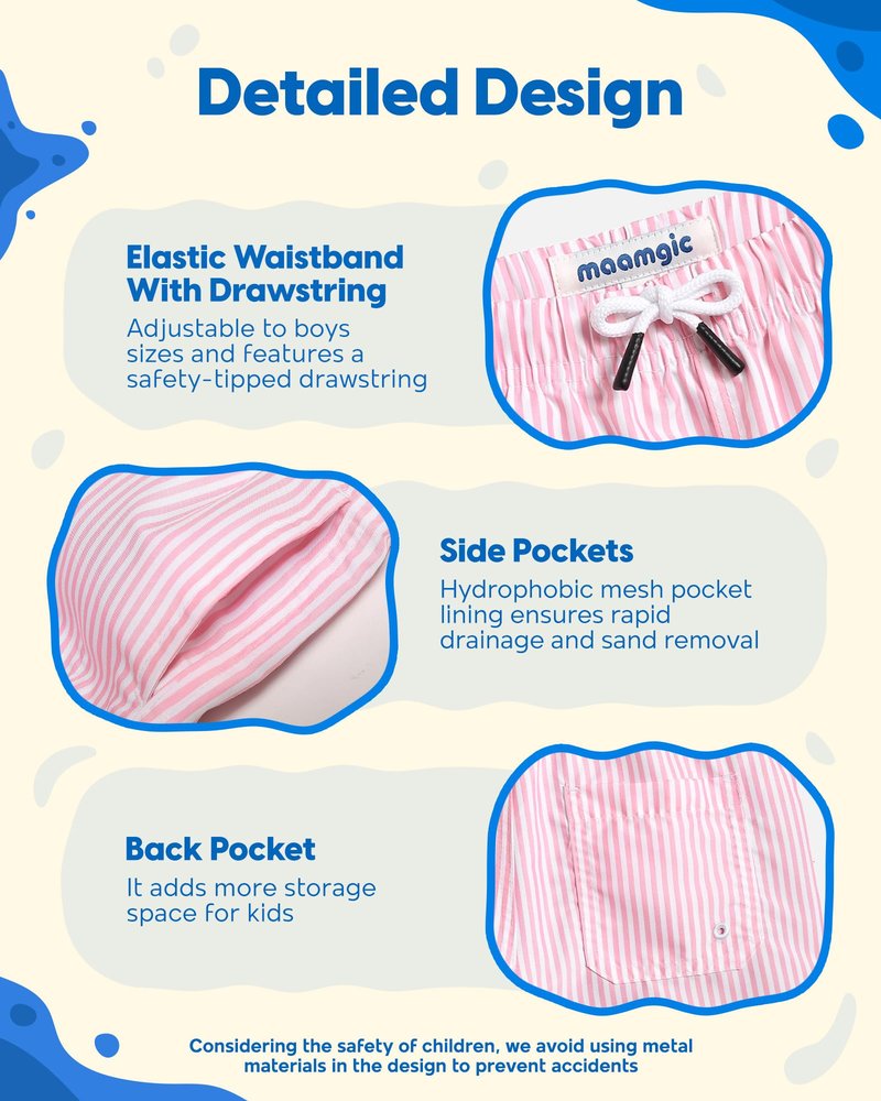 maamgic Boys Swim Trunks Toddler Swim Shorts Little Boys Bathing Suit Swimsuit Toddler Boy Swimwear Pink and White Stripes 4T,Pink and White Stripes,4 T
