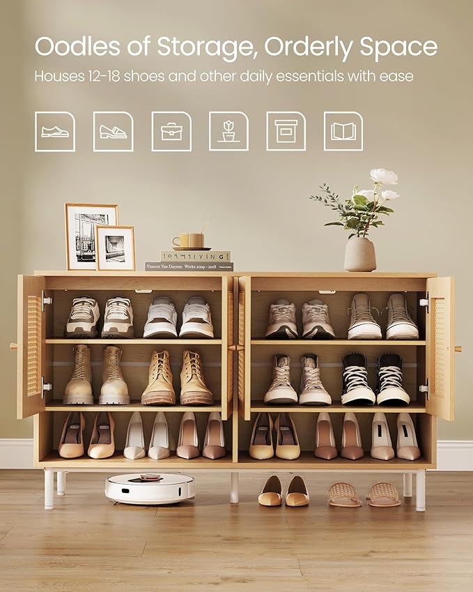 VASAGLE Natural Rattan 3-Tier Shoe Cabinet, 24 Pair Shoe Storage Cabinet, Boho Style Shoe Organizer with Height-Adjustable Shelves and Steel Legs, for Entryway, Closet, Hallway, Oak Beige ULBC050N01