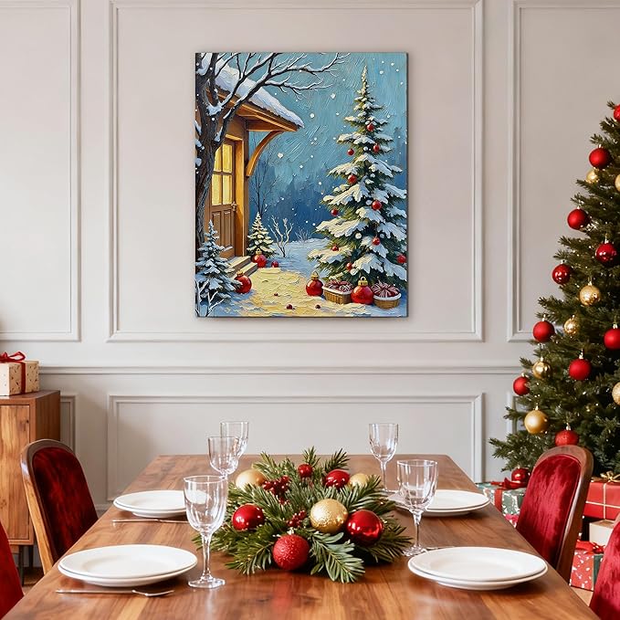 Framed Christmas Pictures Wall Decor,Vintage Pine Tree Prints,Winter Christmas Canvas Wall Art Decoration for Bedroom Bathroom Living Room Rustic Xmas Holiday Gifts (Christmas Tree 21, 16'' X 20'')
