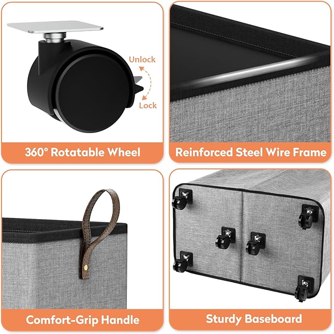 Laundry Basket with Wheels, Collapsible Laundry Baskets, Laundry Hamper with Handles Detachable Wheels, Rolling Laundry Basket, Dirty Clothes Hamper for Bathroom, Dorm, Bedroom, Grey, 155L