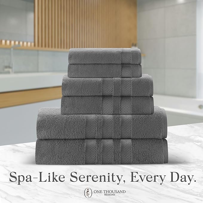 Zero Twist Bathroom Towel Set - Luxury Bath Towel Sets for Bathroom, Hands, and Washcloths - Quick Dry and Absorbent - 6 Pieces, 3 Stripe, Charcoal
