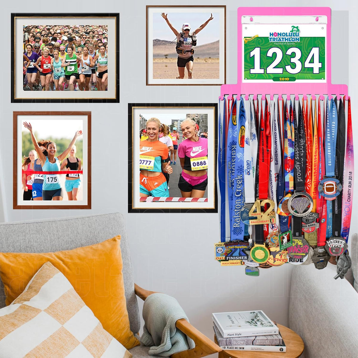 Lapetale Fashion Pink Race Bib and Medal Display,Marathon Medal Display and Runner Medal Hanger Display,Bib Running Medal Display, Running Medal Hanger Display,Medal Holder for Wall,Gifts for Runners
