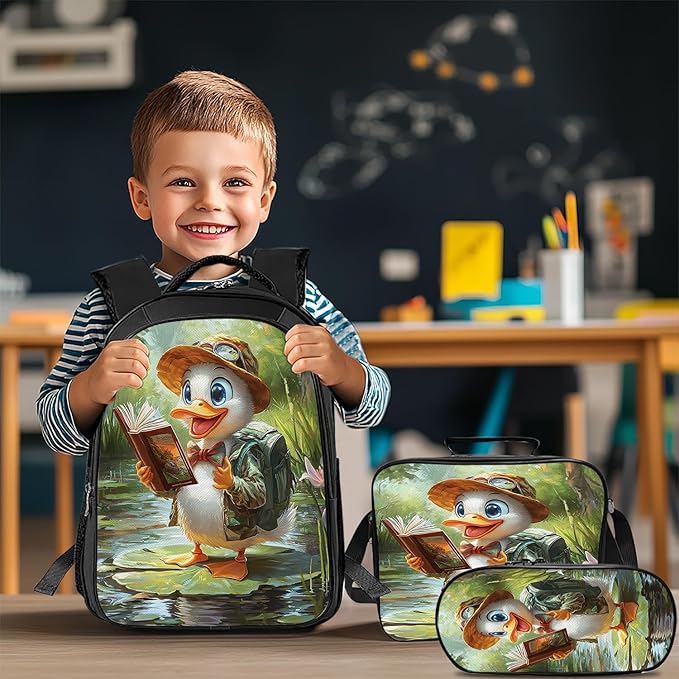 Funny Duck Backpack Set 3 Piece School Bags and Lunch Box with Pencil Case Cute Duck Reading Bookbag Set for Toddler Kids Girls Boys Teens Kindergarten Elementary Middle