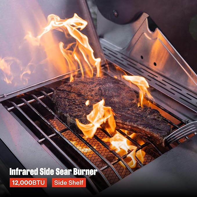 Monument Grills Stainless Steel 4 Burner Propane Gas Grill with Clearview® Lid, Infrared Side Sear Burner & Side Burner
