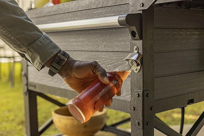 Keter Outdoor Rolling Patio Cooler and Insulated Beverage Cart 89.8 Quart Capacity with Fold Down Shelf for Glassware with Built in Bottle Opener