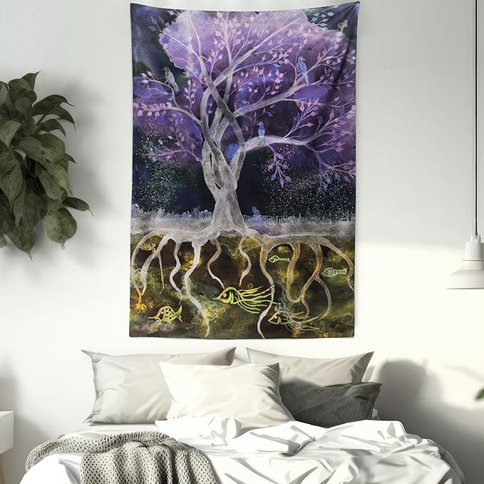 Ambesonne Tree of Life Tapestry, Psychedelic Mysterious Nature at Night Birds and Fishes Home Art, Fabric Wall Hanging Decor for Bedroom Living Room Dorm, 30" X 45", Purple Black