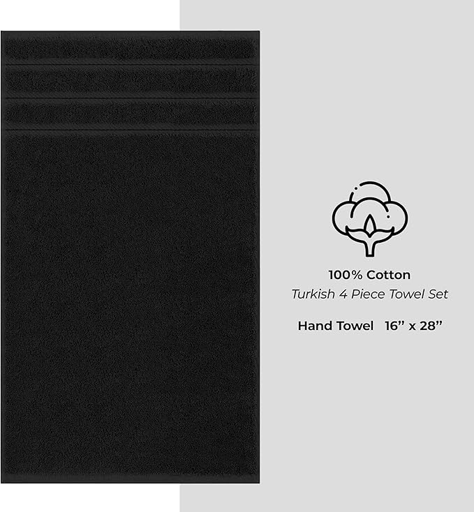 American Soft Linen Luxury Hand Towels for Bathroom, 600 GSM 100% Cotton Turkish 4 Piece Hand Towel Set, 600 GSM Hand Face Towels for Kitchen, Black Hand Towels