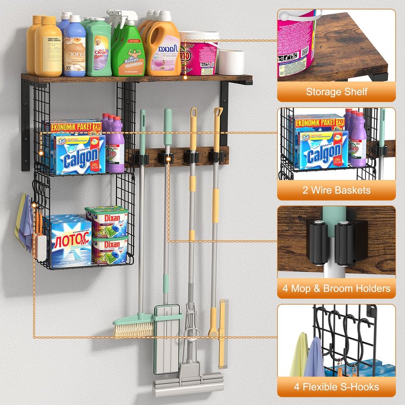 Housolution Broom Holder Wall Mount with Cleaning Supplies Organizer, 100 LBS High Load-Bearing Laundry Room Storage Shelves, Multifunctional Mop Hanger Rack with 2 Baskets, 4 Grippers & Hooks