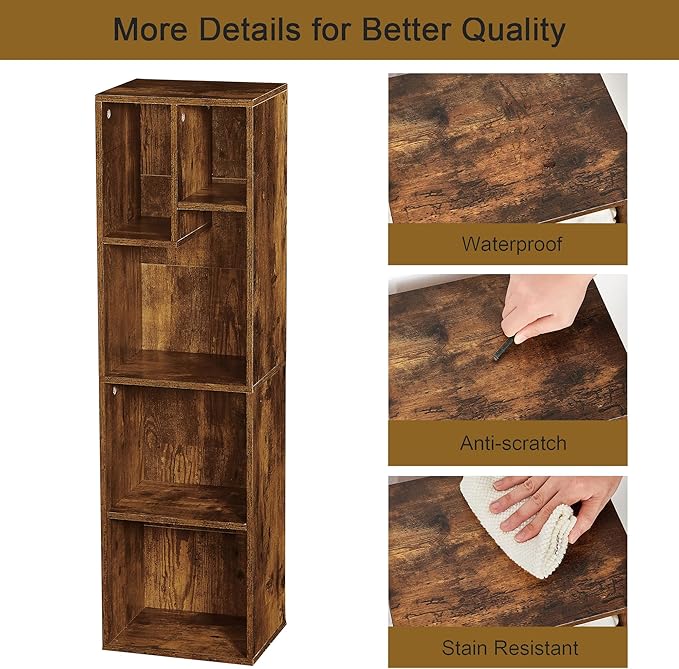 VECELO Small Bookshelf, 5 Cube Slim Bookcase, Fits Tallest Hardcovers, Horizontal Available, Modern Floor Standing Unit, Each Shelf Hold Up to 66 LBS,Brown