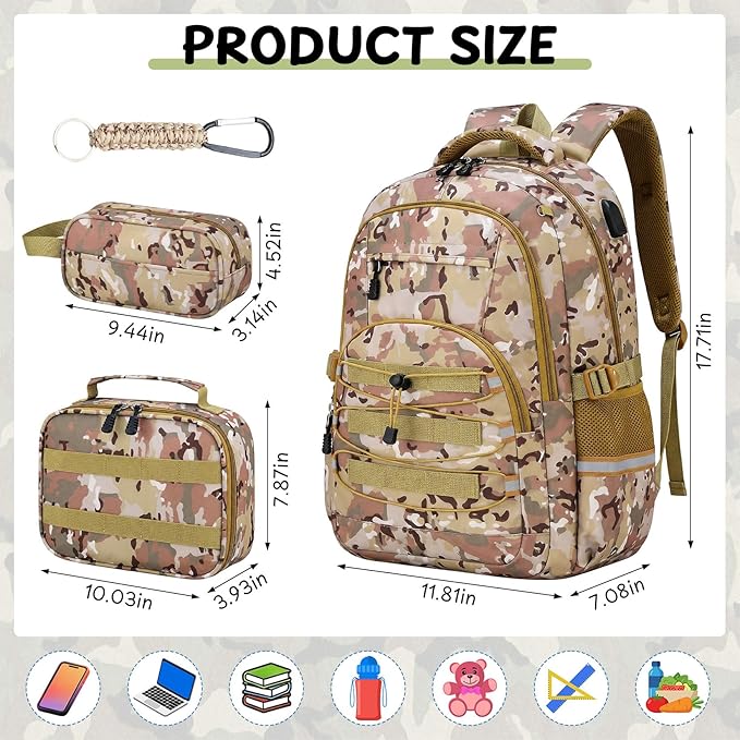 School Backpacks for Boys - 4pcs Camo Boys Backpacks with Lunch Box Set for Kids Teens Elementary Middle School, 18″ Large Capacity Students Bookbag, Perfect for Travel